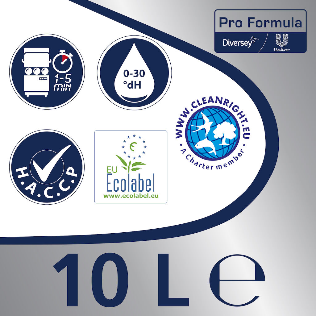 Sun Pro Formula Flydende Maskinopvask – EU Ecolabel 10L - Miljømærket flydende middel velegnet til professionelle opvaskemaskiner med 1-5 minutters vaskeprogrammer.