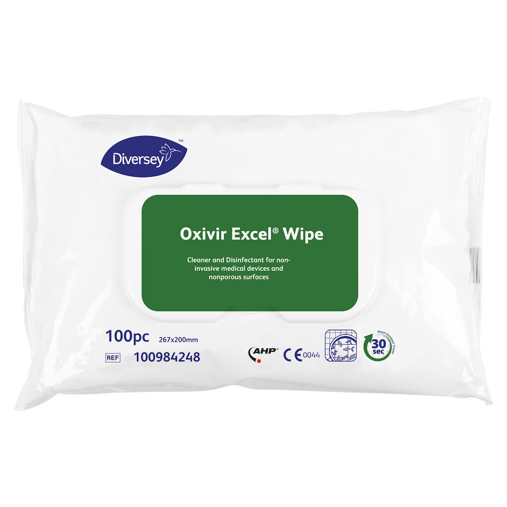 Oxivir Excel Wipe 12x100stk. - 20 x 27 cm - Aftørringsservietter med bredspektret rengørings- og desinfektionsmiddel, kan også anvendes til medicinsk udstyr