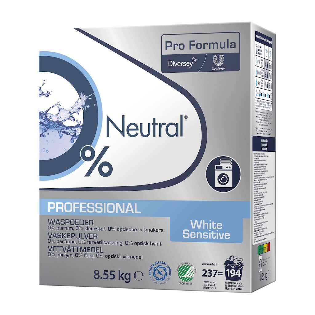 Neutral Pro Formula White Sensitive 8.55kg - Parfumefrit vaskepulver, velegnet til hvid tøjvask, og effektiv ved 40°C
