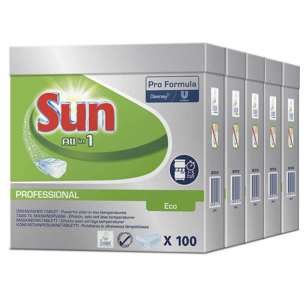 Sun Pro Formula All in 1 Eco Tablets 5x100stk. - Miljømærket opvasketabs, all in 1, med indbygget afspændingsmiddel og salt. Velegnet til såvel husholdnings- som professionelle opvaskemaskiner med quick-programmer på 1-5 min.