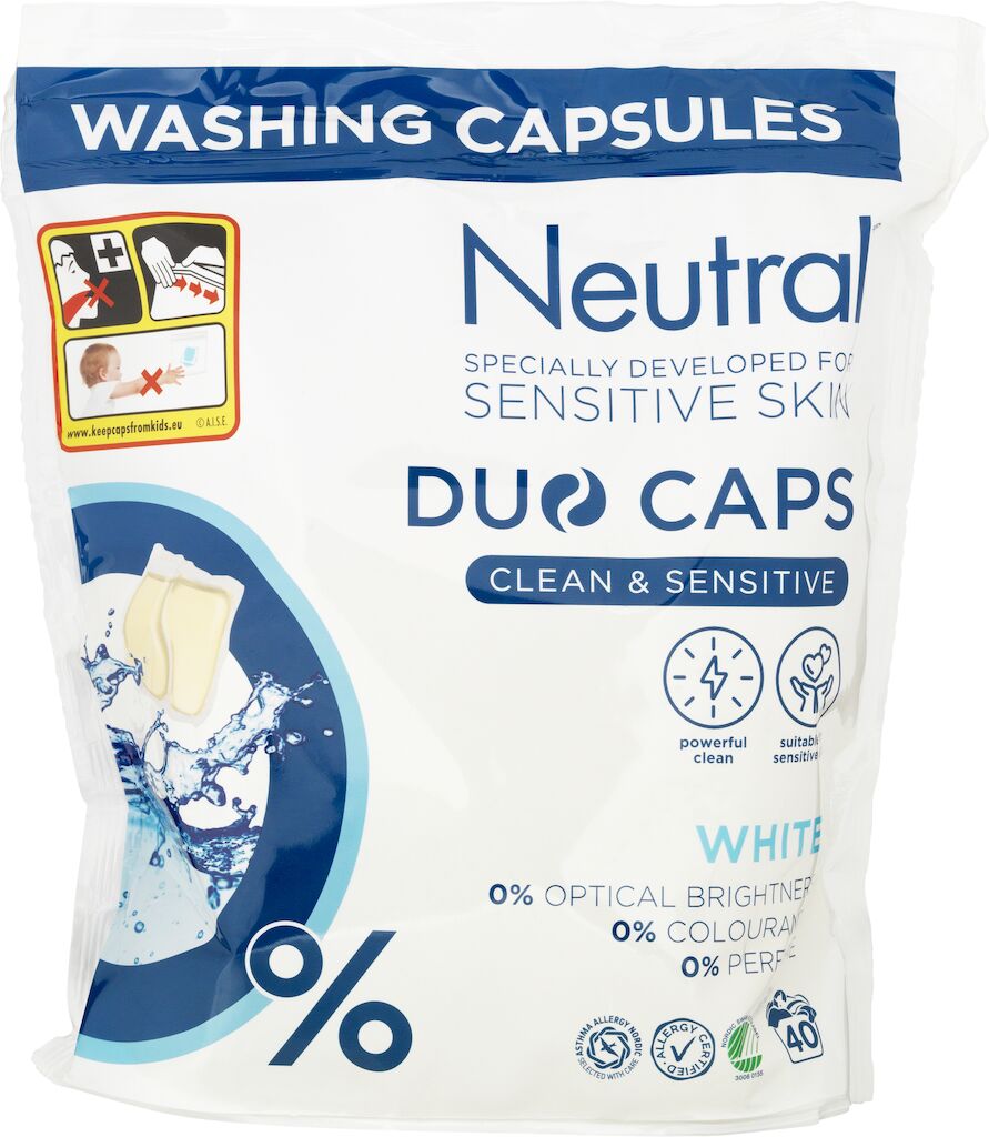 Neutral Duo Vaskekapsler White 4x40stk. - Vaskekapsler for effektiv hvid vask. Parfumefri og med omsorg for følsom hud.