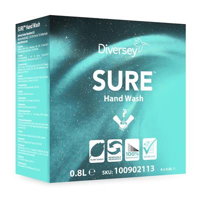 SURE Hand Wash 6x0.8L - En mild håndsæbe med eukalyptus duft, der udelukkende indeholder plantebaserede ingredienser. Cradle to Cradle Certified®